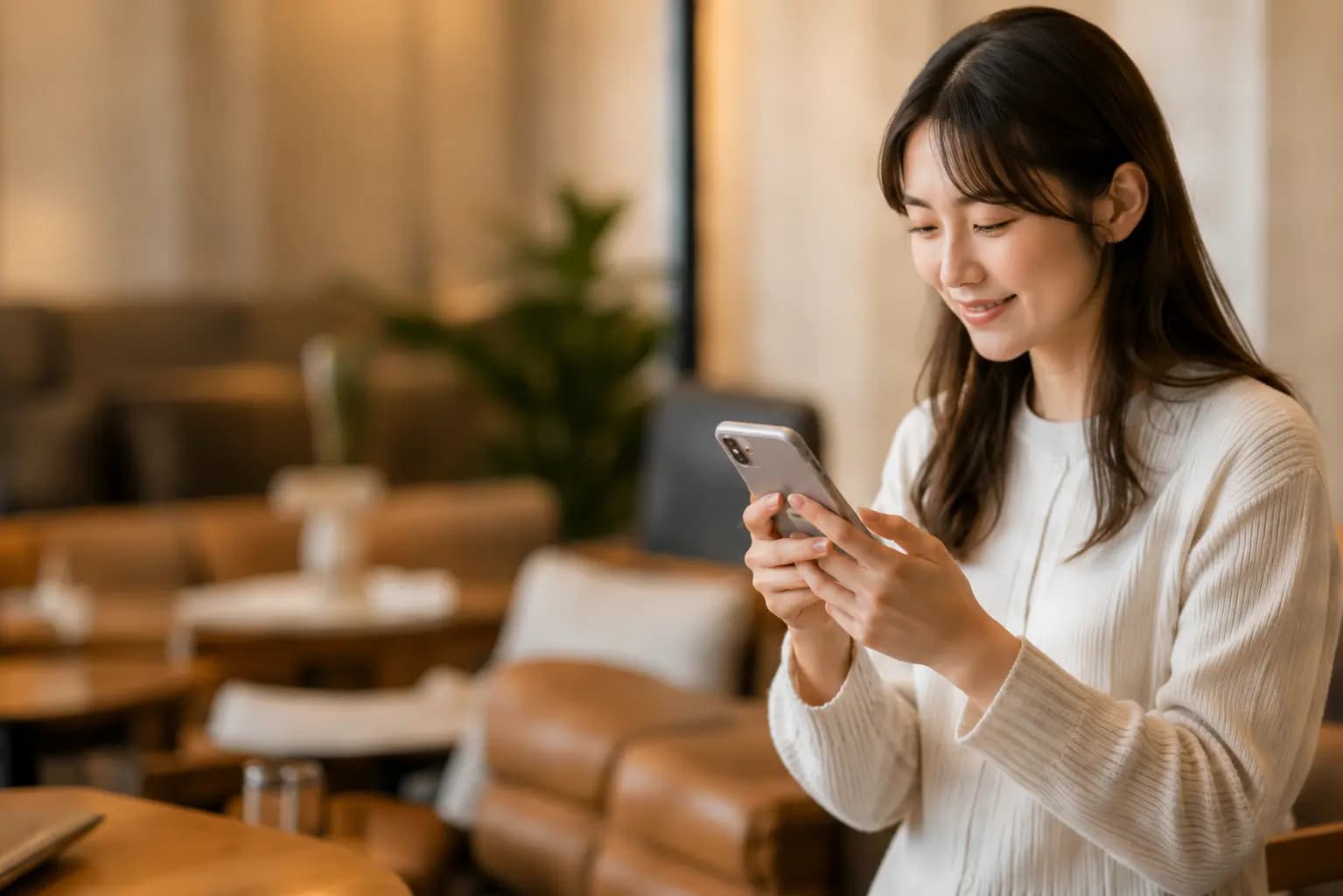 スマホを見て微笑む女性